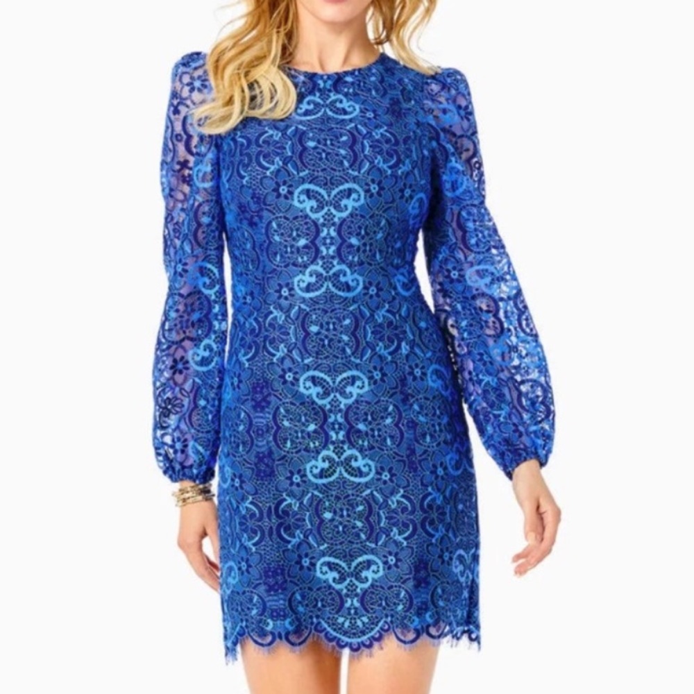 NWT Lilly Pulitzer Georgi Lace Dress Long Sheer Sleeves Carnival BocaBlue Lace 2